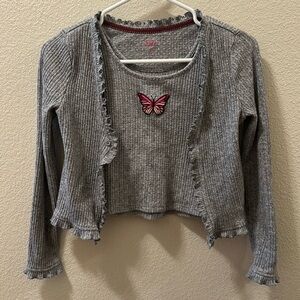 Justice Girls Gray Butterfly Embroidered Cardigan 2-Piece Set Girls Size S (7/8)
